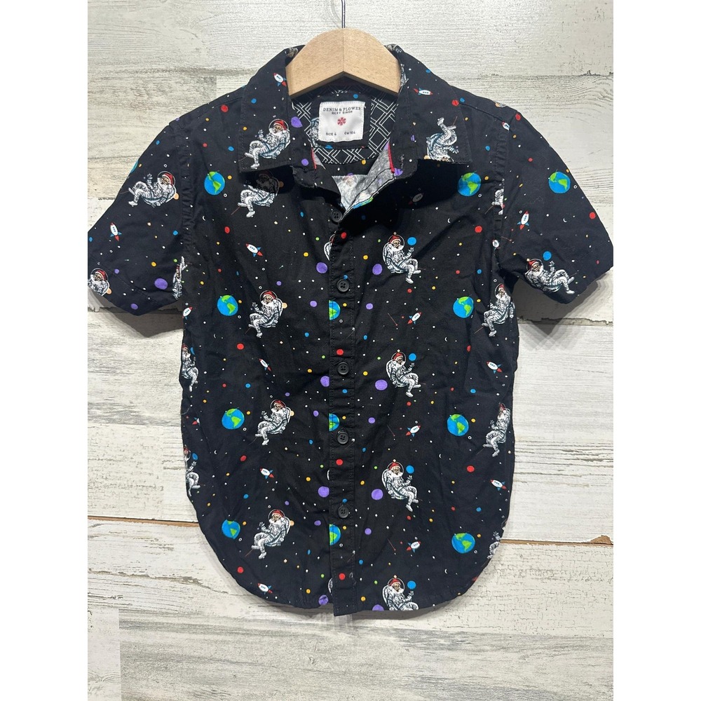 Denim & Flower Button Up Boys Size 4 Black Santa Astronaut Space Holiday‎ EUC